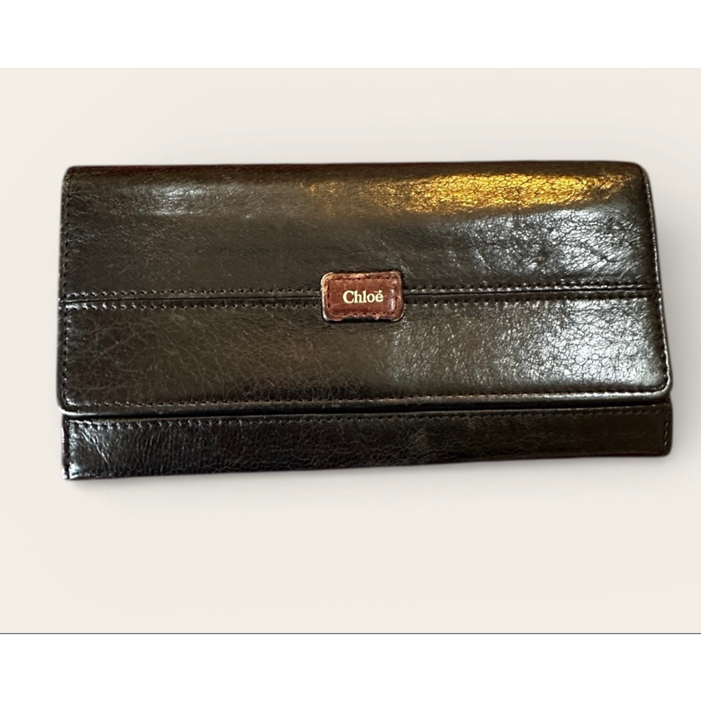 Chloé Black Leather Flap Wallet w/ Brown Leather Chloe Logo